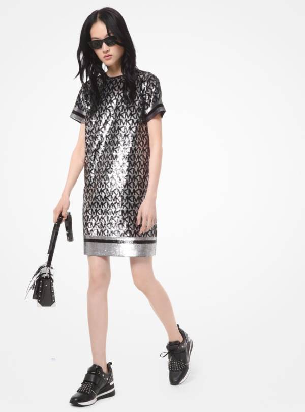 Damske Saty Michael Kors Sequined Logo Georgette T-Shirt Čierne - Oblecenie Michael Kors Sleva | RCMVD-0268